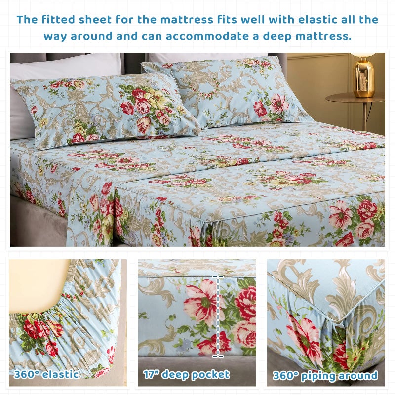 QSH Floral King Size Sheet Sets - Luxury Peony Flower Print Pattern Egyptian Cotton Printed Bedding Sheets 4pcs Extra Soft and Breathable 17.5" Extra Deep Pocket King Size Sheets - Image 3